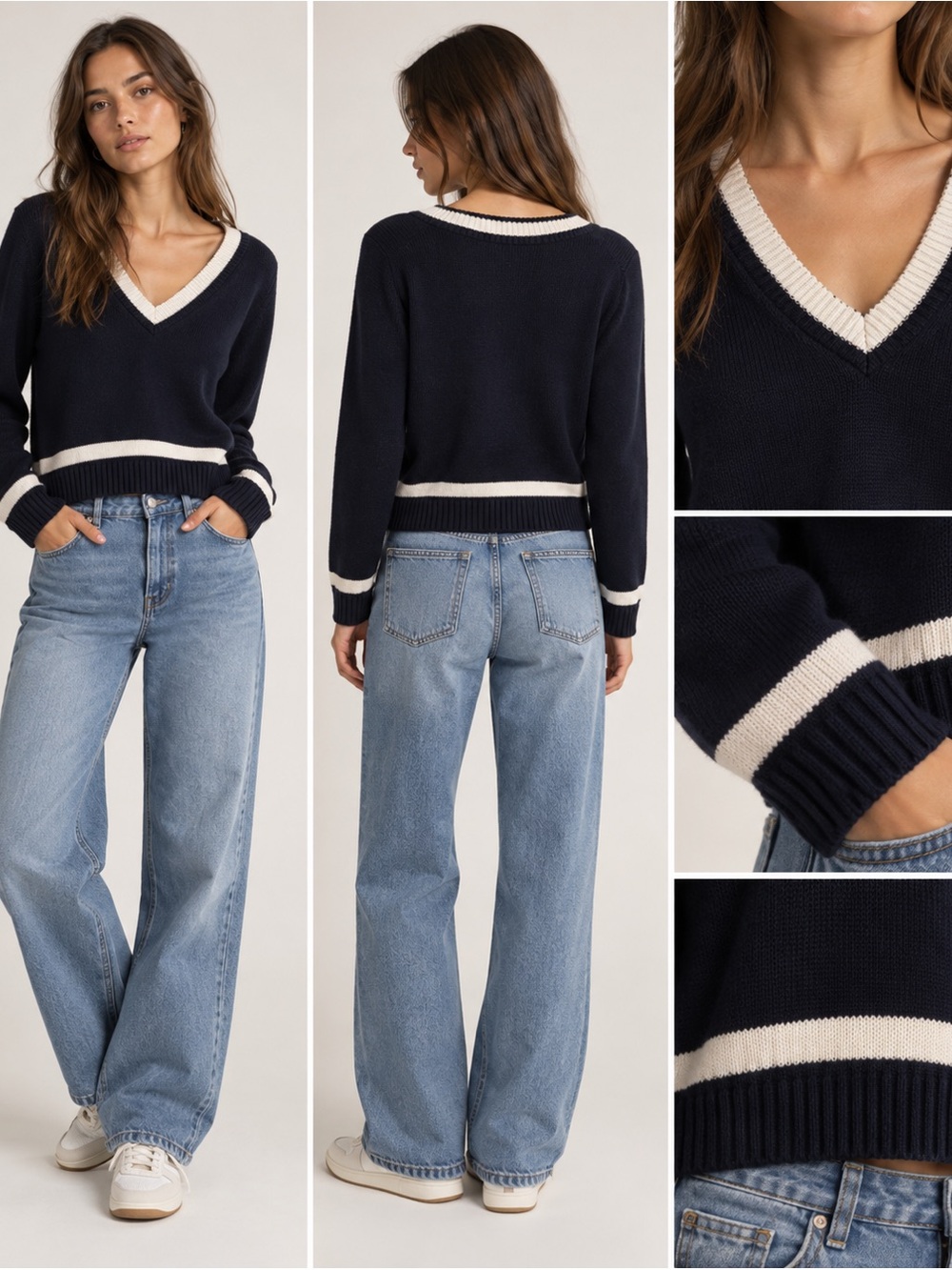 Brandy Melville Navy Cream V-Neck Varsity Knit Sweater